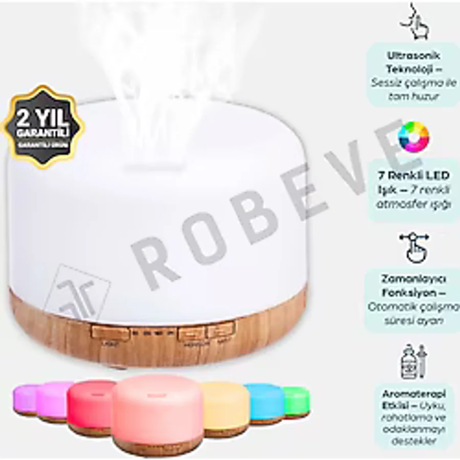 ROBEVE 500 ml Ultrasonik Aroma Difüzör Hava Nemlendirici Buhar Makinesi - 7 Renk Led Işık - Zaman Ayarlı