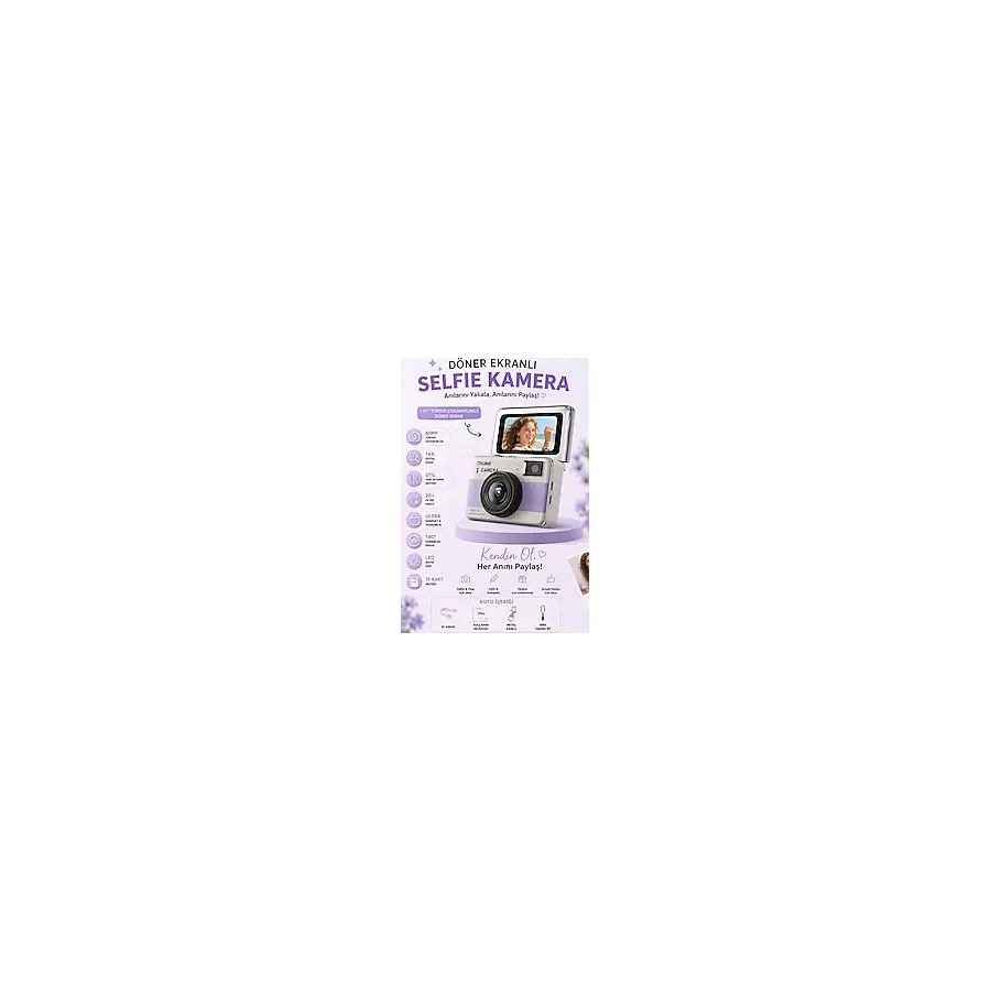 Robeve 68MP Dijital Fotoğraf Makinesi 180° Döner Ekranlı Mini Selfie Kamera 16X Zoom, LED Flaş, Tf Kart Destekli Retro Fotoğraf Makinesi Mini Kamera - Mor