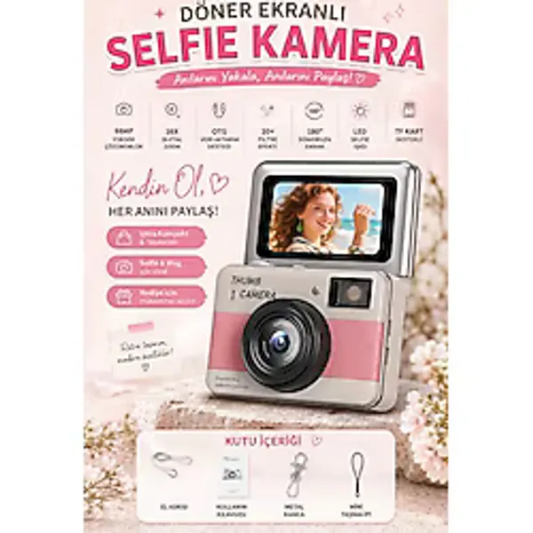 Robeve 68MP Dijital Fotoğraf Makinesi 180° Döner Ekranlı Mini Selfie Kamera 16X Zoom, LED Flaş, Tf Kart Destekli Retro Fotoğraf Makinesi Mini Kamera - Pembe