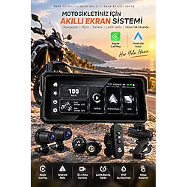 Robeve 8.1 Inç Motosiklet Carplay Android Auto Navigasyon Ekranı - IPS Dokunmatik Ekran, Ön Arka Dvr Kamera, Tpms Lastik Basınç Sensörü, Gps Hız Göstergesi, Kablosuz Gidon Kumandası, IP67 Su Geçirmez