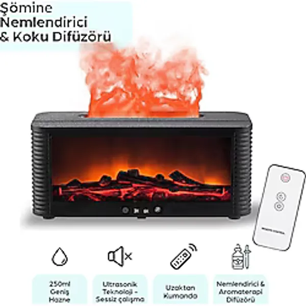 Robeve Şömine Görünümlü Aroma Difüzör ve Hava Nemlendirici - Alev Efektli LED Işıklı, Sessiz Çalışan Ultrasonik Buhar Makinesi, Aromaterapi ve Dekoratif Ortam Aydınlatması - Beyaz
