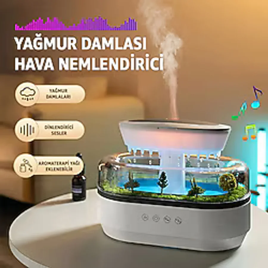 Robeve Yağmur Damlası Hava Nemlendirici - Aromaterapi Difüzör - 7 Renk Rgb - Dinlendirici Sesler - Sessiz Çalışma - Damlama Sesi - Otomatik Kapanma - Beyaz