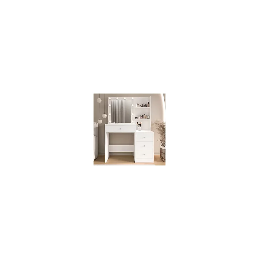 Robin Home Hollywood Makyaj Masası 4 Çekmeceli Düzenleyici Hollywood LED Işıklı Raflı Beyaz