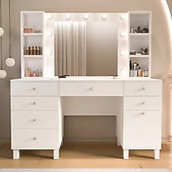 Robin Home Hollywood Makyaj Masası 7 Çekmece Kapaklı Düzenleyici Hollywood LED Işıklı Raflı Beyaz