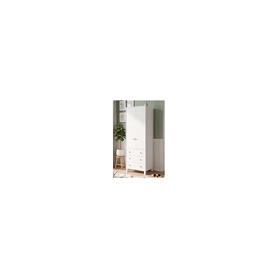Robin Home Lena Bebek Çocuk Genç Odası Gardırop Elbise Dolabı 52CM Derinlik 2 Kapaklı 3 Çekmeceli Ahşap Ayaklı Beyaz