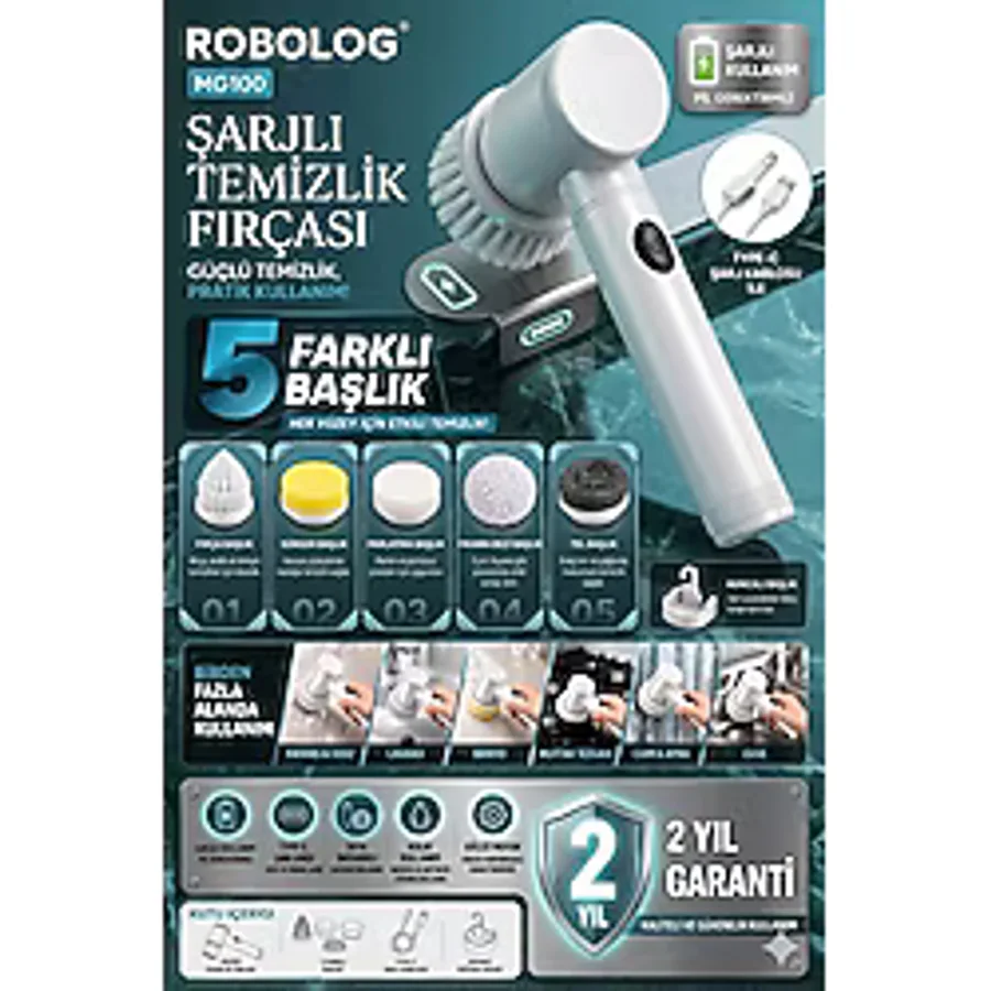 Robolog 5 Başlıklı Şarjlı Elektrikli Temizlik Fırçası Bulaşık, Küvet, Lavabo, Mutfak ve Banyo MG100 - 500 gr