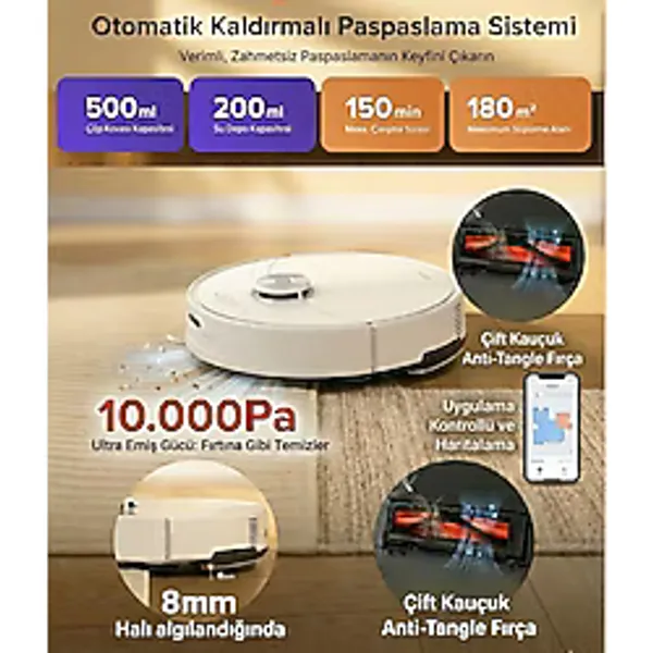Roborock 10.000 Pa Yüksek Emişli Akıllı Robot Süpürge, Dolanma Karşıtı Ana ve Yan Fırça, 360° Lazer Navigasyon, Otomatik Halı Algılama ve Paspaslama + Tiftik Cihazı - Beyaz - Gri