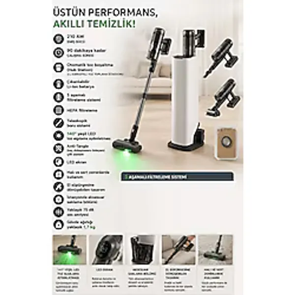 Roborock 210 Aw Ultra Güçlü Emiş, 90 Dakika Çalışma Süresi, Otomatik Toz Boşaltma Istasyonu, Hepa Filtreleme, Teleskopik Boru ve LED Toz Algılama Sistemi - Siyah