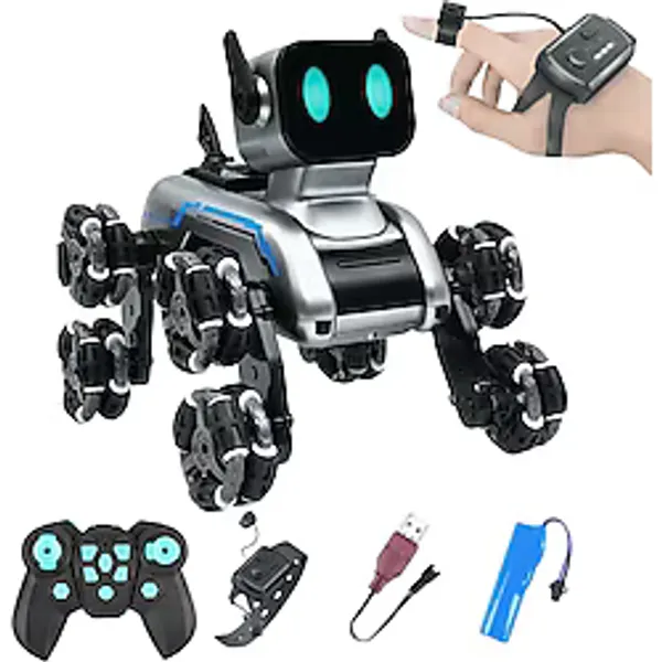 Robot Köpek Uzaktan ve Bilekten Kumandalı Şarjlı 8 Teker Akrobat Robot Köpek Oyuncak Müzikli ve LED Işık 2.4 Ghz - Gri