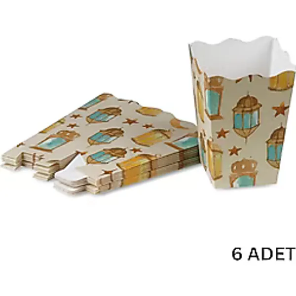 Roco Paper Co. 6lı Ramazan Temalı Patlamış Mısır, Şeker Kutusu, Popcorn, Ikram Kutusu, 6X6X11 Cm, Krem Renk