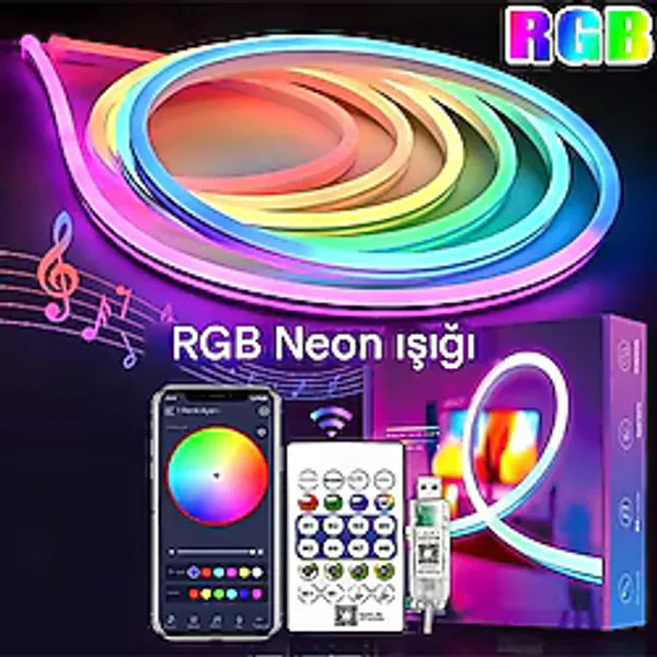 Rohs 5V Rgb Neon Şerit LED Lamba 5 Metre Kumanda ile Kontrol Sınırsız Renk Tak Çalıştır - Çok Renkli