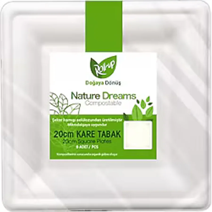Roll-up Nature Ekolojik Karton Kağıt Parti Tek Kullanımlık Kare Tabak - 20 Cm. - 6 Adetlik 1 Paket