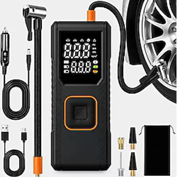Romofy Şarjlı Hava Kompresörü 150 PSI - 4500 mAh Taşınabilir Araba Lastik Şişirme Kompresörü Flaş Işıklı - Ayarlanabilir Dijital Basınç Göstergeli Hava Pompası - Şarj ve Kablolu Kullanım