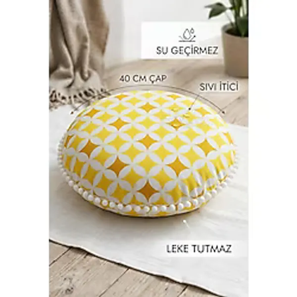 Rona Home Dekoratif Yuvarlak Minder 40 cm Sarı Beyaz Ponponlu Kırlent Koltuk Minderi Sıvı Itici Leke Tutmaz - Sarı - Beyaz