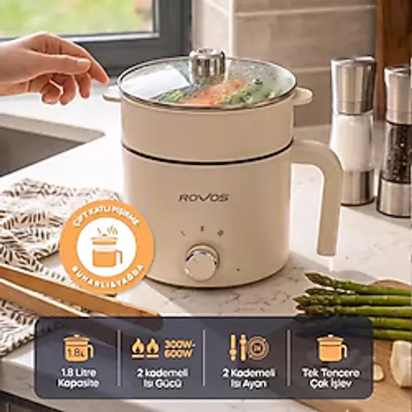 Rovos RV-5100 Elektrikli Mini Tencere 1,8 L, Buharlı Pişirme Aparatlı, Yapışmaz Tencere, Ramen, Makarna, Çorba ve Yemek Pişirici