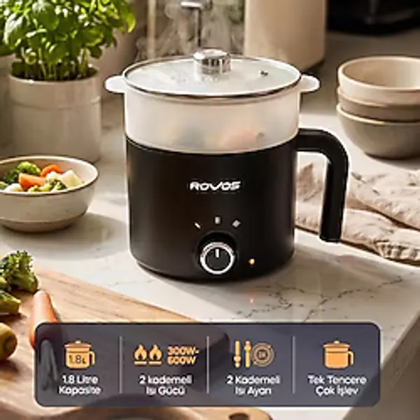 Rovos RV-5100 Elektrikli Mini Tencere 1,8 L, Buharlı Pişirme Aparatlı, Yapışmaz Tencere, Ramen, - Genel