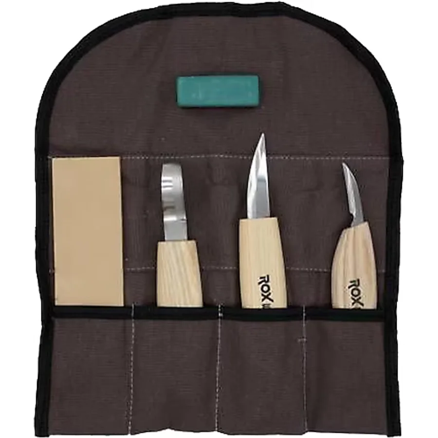 Rox Wood 5 Parça Bez Çantalı Ahşap Kaşık Kuksa Oyma Bıçağı Seti