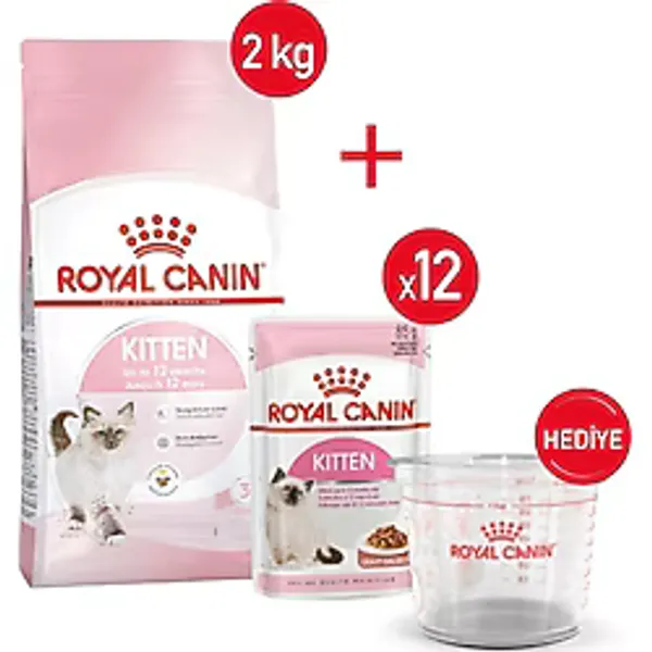 Royal Canin Kitten - Kuru Kedi Maması 2 kg + Yaş Mama 12X85 gr + Ölçü Kabı - Av Eti