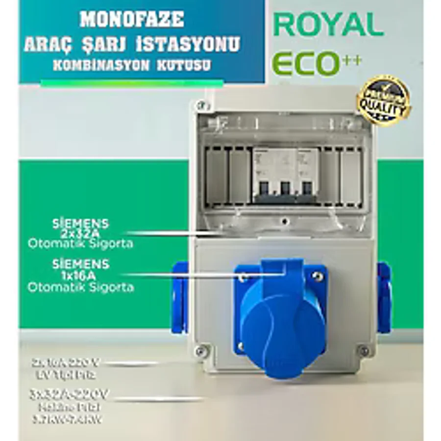 Royal Elektrikli Araç Monofaze Şarj Istasyonu Besleme Panosu. 3.7-7.4 Kw. Tesla Blue Adaptör Uyumlu. Kombinasyon Kutusu