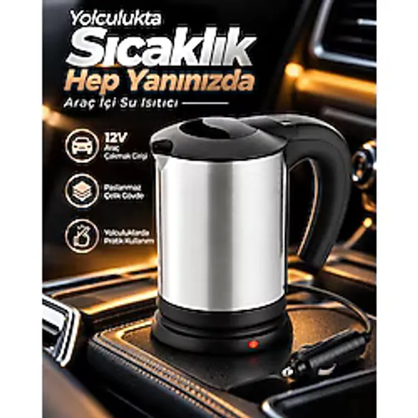Royaleks 12V Araç Çakmak Girişli Paslanmaz Çelik Araç Içi Su Isıtıcı Seyahat Tipi Pratik Kettle