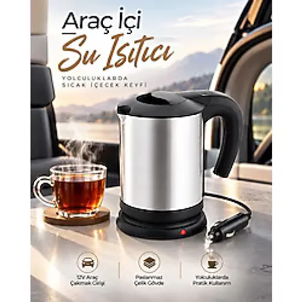 Royaleks Araç Içi Kullanıma Uygun 12V Elektrikli Su Isıtıcı Paslanmaz Çelik Gövdeli Pratik Kettle