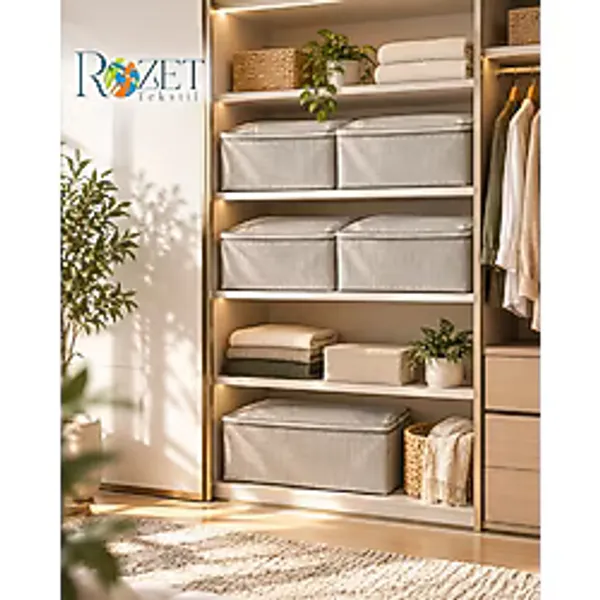 Rozet Tekstil 5 Adet Gri Çizgili Giysi Kıyafet Saklama Yatak Baza Altı Düzenleyici Çok Amaçlı Hurç 65 X 45 X 22 Cm - Beyaz - Kahverengi