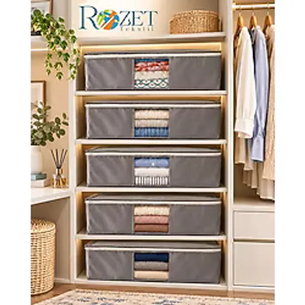 Rozet Tekstil 5 Adet Gri Pencereli Kıyafet Saklama Yatak Baza Altı Düzenleyici Çok Amaçlı Hurç 64 X 45 X 22 Cm - Koyu Gri - 65 x 45 x 22 cm