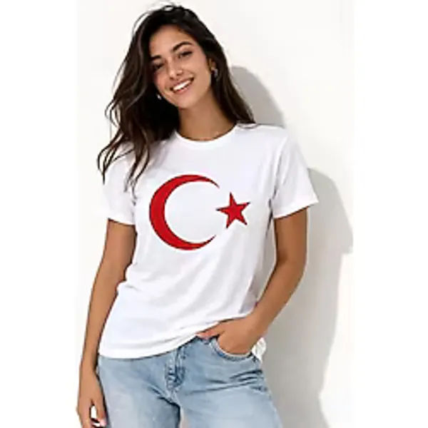RubbyAvm Kadın T-Shirt Kısa Kol Bisiklet Yaka Ay Yıldız Bayrak Baskılı Tişört - Beyaz Beyaz M