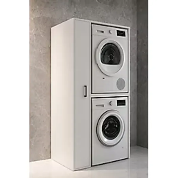 Rudu Sera Çamaşır ve Kurutma Makinesi Dolabı, Banyo Dolabı 92X65X184 cm 1 Kapaklı 5 Raflı-Beyaz