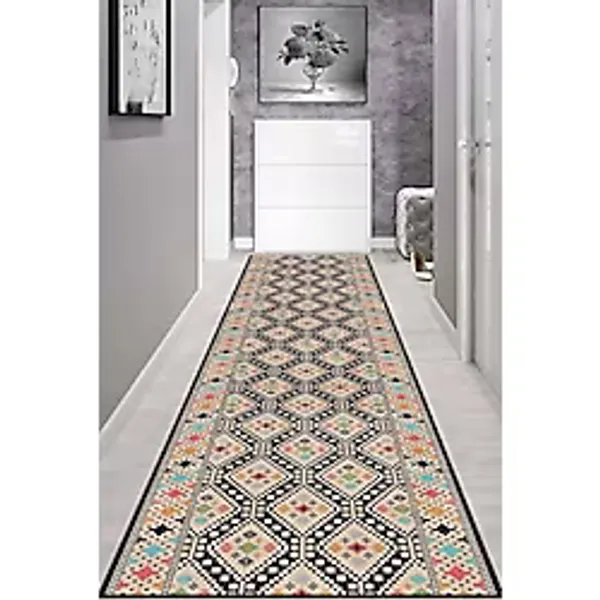 Rugviva Kaymaz Tabanlı Makinede Yıkanabilir Antik Kilim Desen Kesme Rulo Yolluk Ar557, Siyah, 80 X 150