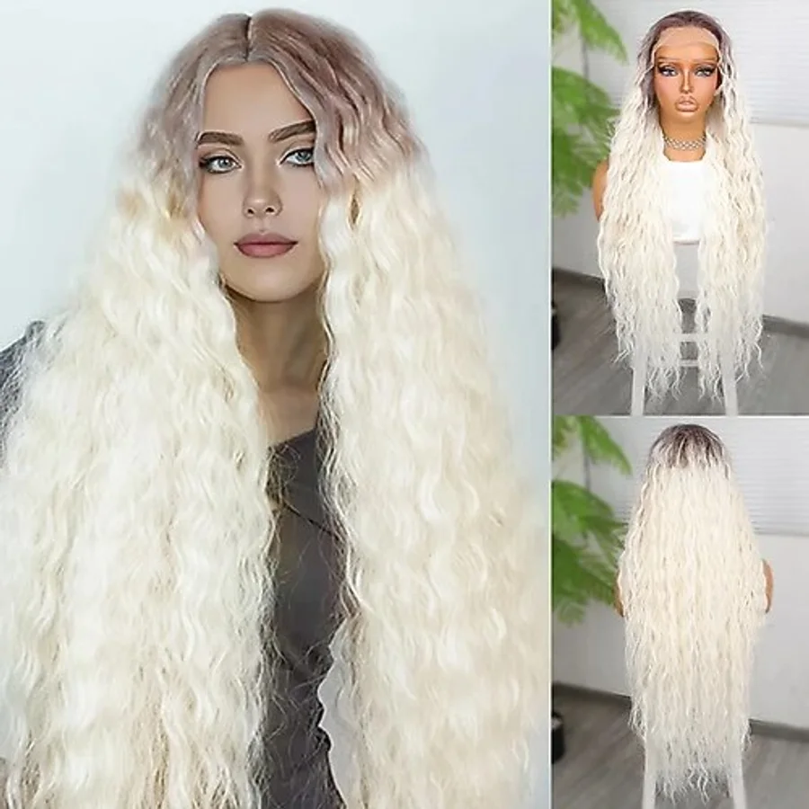 Rus Kumralı Beyaz Platin Ombreli Fiber Sentetik Tül Peruk