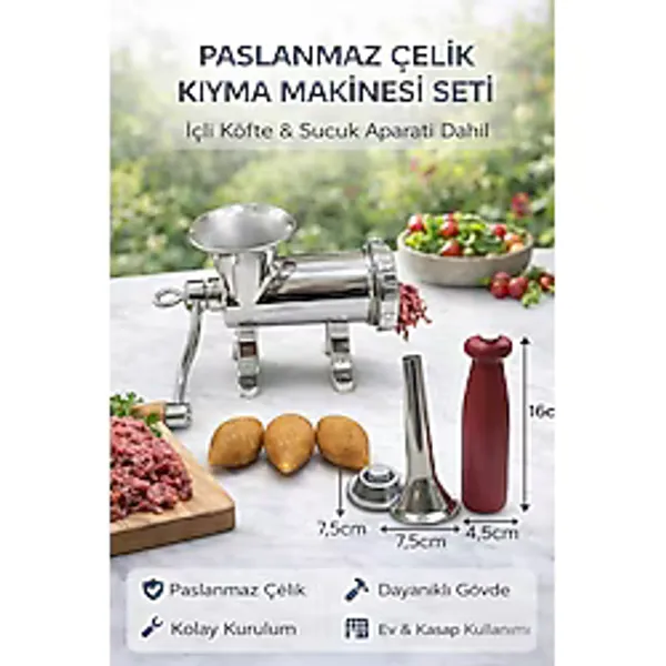 Russet 4'lü 12'lik Paslanmaz Çelik Kıyma Makinesi Full Set Kollu - (Tokmak, Içli Köfte, Sucuk Aparatı)