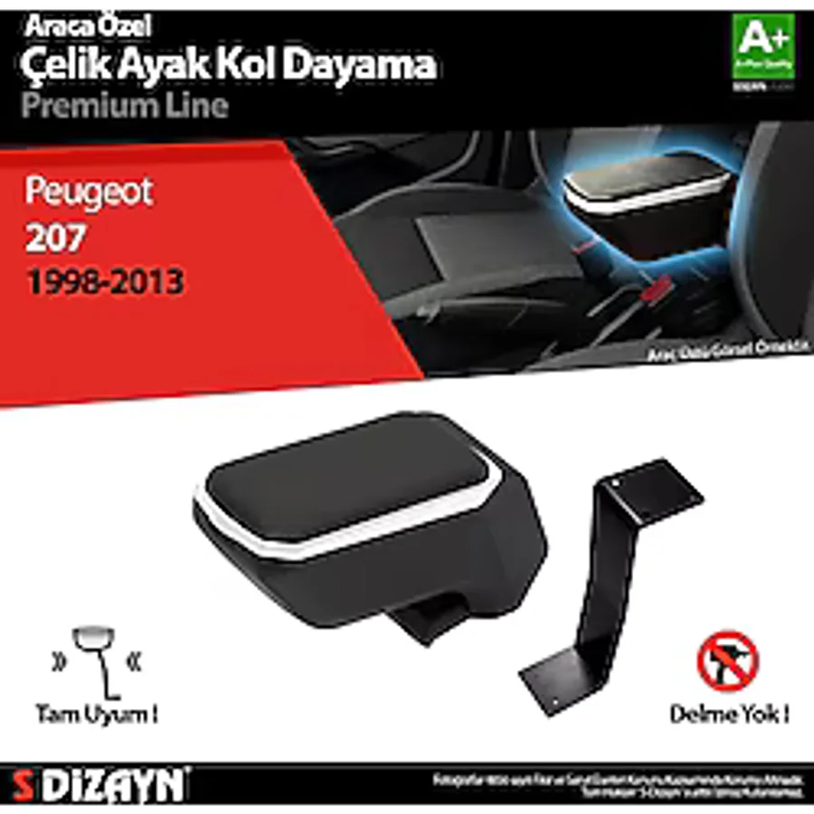 S-Dizayn Peugeot 207 Kol Dayama Kolçak Çelik Ayaklı Abs Gri 2006-2014 A+Kalite
