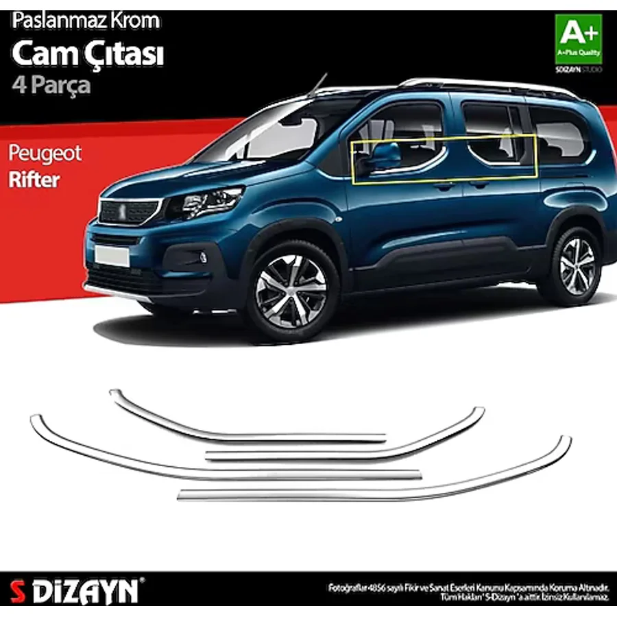 S-Dizayn Peugeot Rifter Krom Cam Çıtası 4 Prç. 2019 Üzeri A+ Kalite