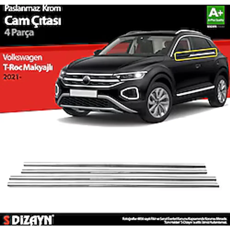 S-Dizayn VW T-Roc Makyajlı Krom Cam Çıtası 4 Prç. 2021 Üzeri
