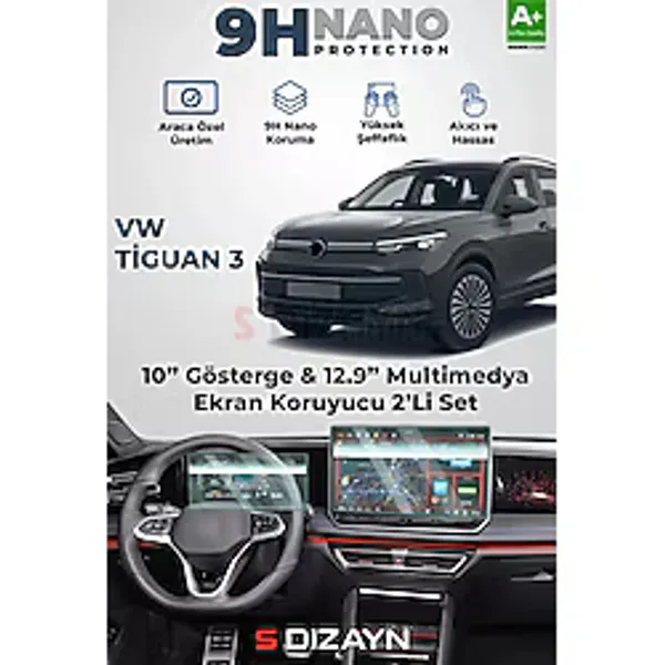 S-Dizayn VW Tiguan 3 10 İnç Gösterge ve 12.9 İnç Multimedya 9H Nano Ekran Koruyucu 2'Li Set (PARLAK) 2024 Üzeri A+ Kalite