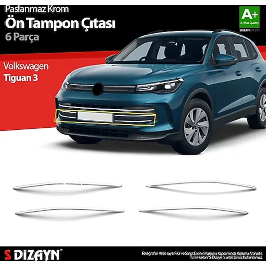 S-Dizayn Vw Tiguan 3 Krom Ön Tampon Çıtası 6 Prç. 2024 Üzeri A+ Kalite