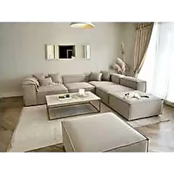 S Home Design Concept Frida 6 Modül Pofidik Modüler Kanepe L Köşe Koltuk Takımı, Keten Bej