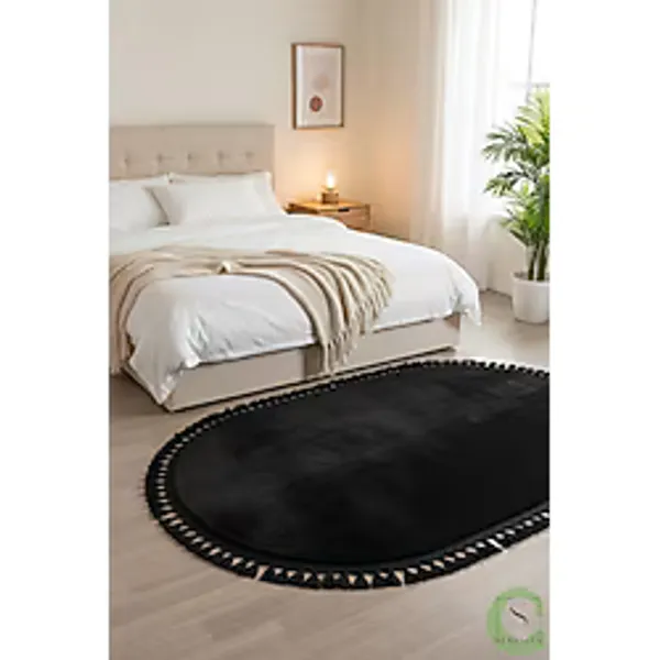 S SerenitaHome KAYMAZ TABAN SİYAH POST/PELUŞ PONPON SAÇAKLI MODERN OTURMA ODASI SALON MUTFAK ÇOCUK ODASI HALISI