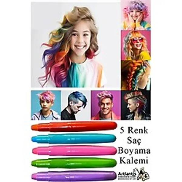Saç Boyama Kalemi 5 Renk 1 Paket Bubu Saç Boyama Tebeşiri 5 Li Yıkanabilir Mini Tarak Hediyeli Hair Chalk Pen
