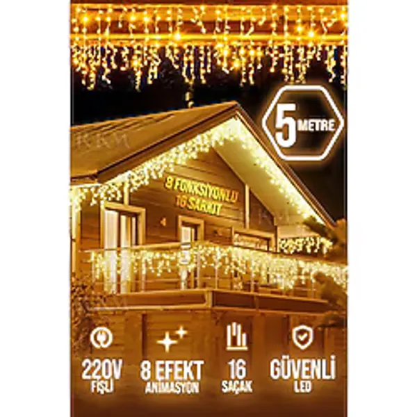 Saçak LED 16 Sarkıt Gün Işığı 4 Metre Fişli Eklemeli Sarı Renkli 8 Fonksiyonlu Aydınlatma - 400 x 40 x 18 mm