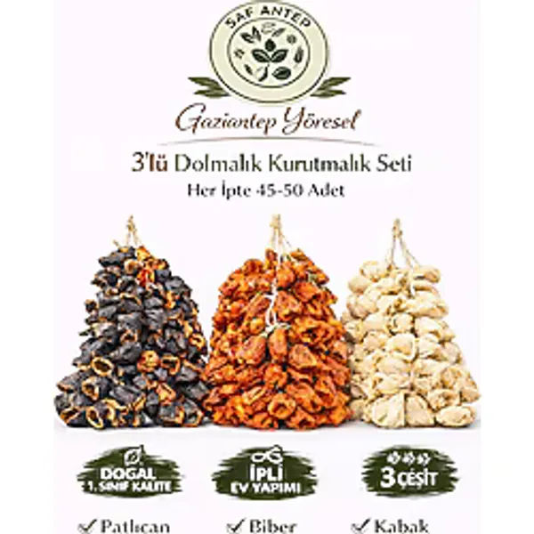 safantep Gaziantep Yöresel 3'lü Dolmalık Kurutmalık Kuru Sebze Seti - 45-50 Adet İpli Doğal Ev Yapımı Dolmal