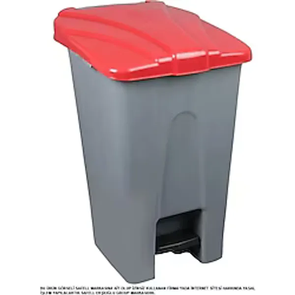Safell Plastik Köşeli Pedallı Çöp Kovası 70 Lt - Tekerlekli - Pedallı Çöp Konteyneri - Gri Kırmızı