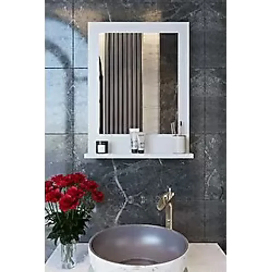 Safir Banyo Aynası, Dresuar,60x45 Beyaz Raflı Banyo Aynası Çok Renkli