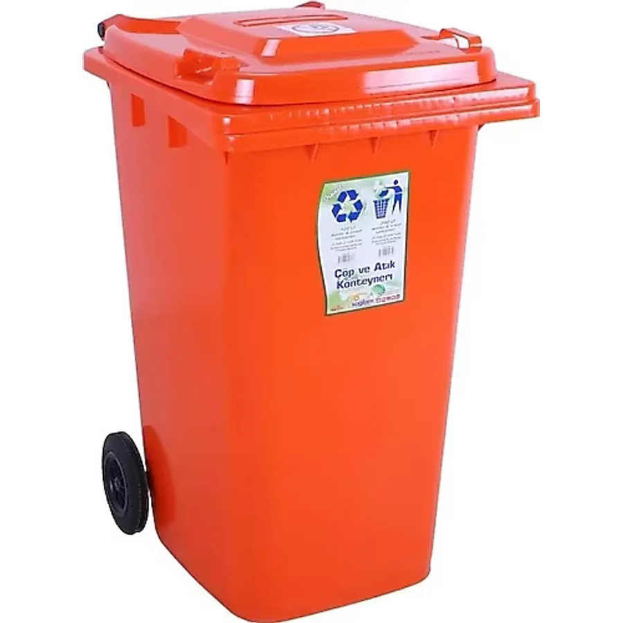 Sağlam Plastik Çöp Ve Atık Konteyneri 240 Lt Tekerlekli Orjinal Turuncu