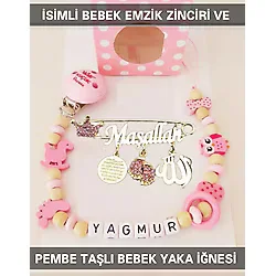 Sahi Aksesuar İsimli Bebek Emzik Zinciri ve Pembe Taşlı Bebek Yaka İğnesi