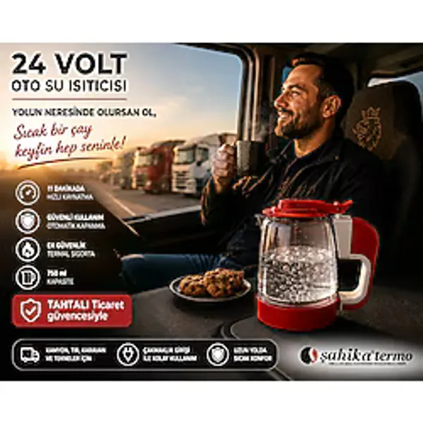 ŞAHİKA 24V Araç İçi Kettle 750 ml Kamyon, TIR, Karavan ve Tekne İçin Su Isıtıcı Gizli Rezistans Termostatlı Paslanmaz Çelik Taban