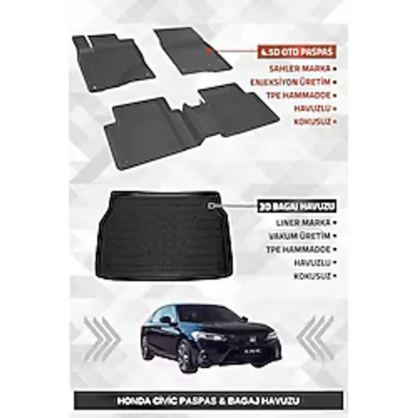 Sahler Honda Civic 2021+ Uyumlu 4.5D Premium Havuzlu Oto Paspas Ve Liner Marka 3D Bagaj Havuzu - Civic Fe1