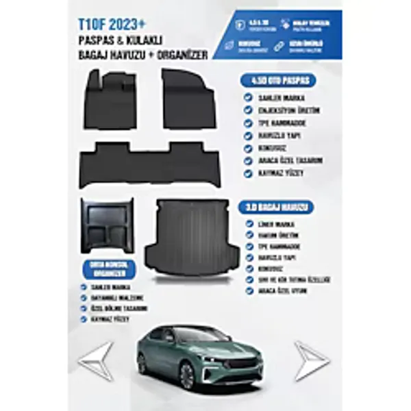 Sahler T10F 2025 ve Sonrası Uyumlu 4.5D Premium Havuzlu Oto Paspas ve Liner Bagaj Havuzu +Konsol Düzenleyici Organizer