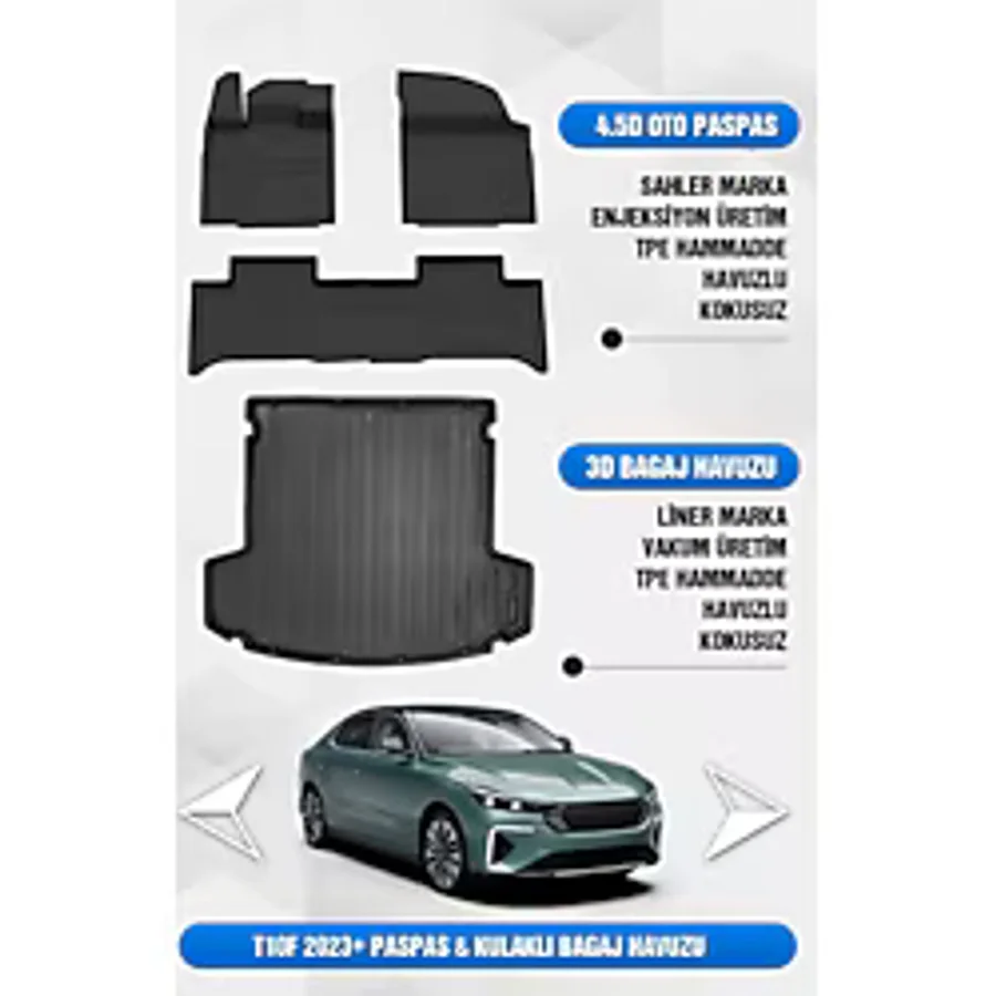 Sahler Togg T10F 2025+ Uyumlu 4.5D Premium Havuzlu Oto Paspas ve Liner Marka 3D Bagaj Havuzu